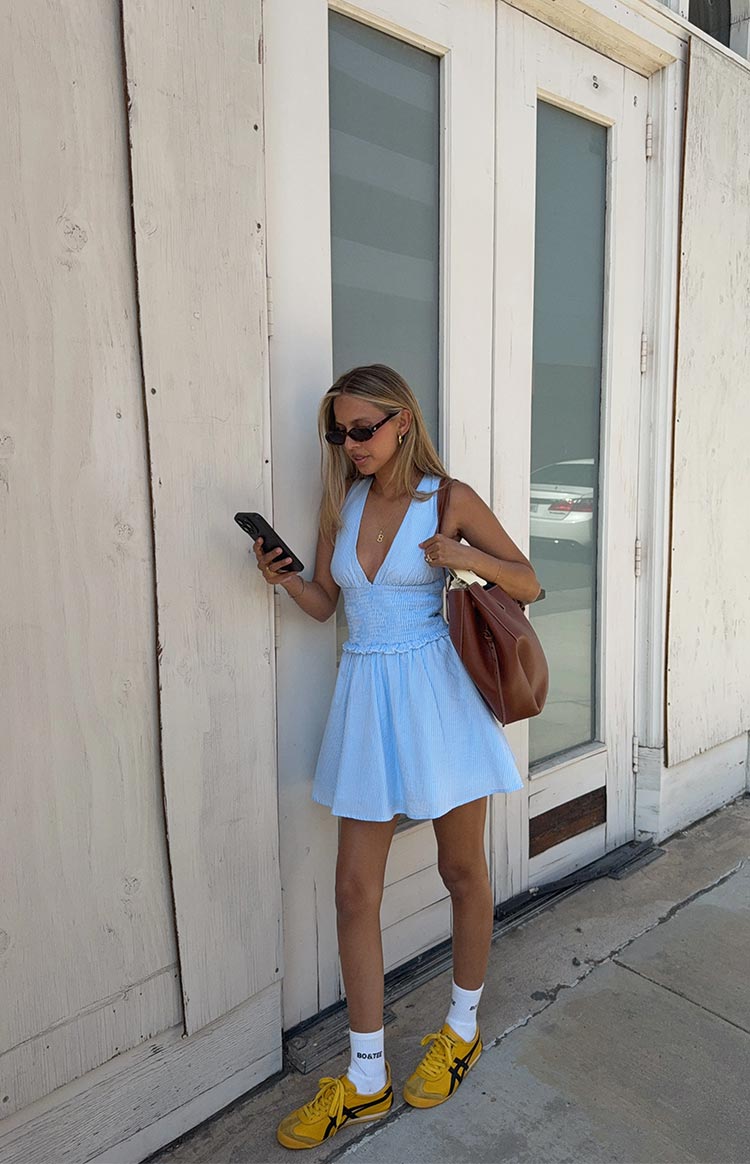 Juna Light Blue Stripe Shirred Mini Dress — 7