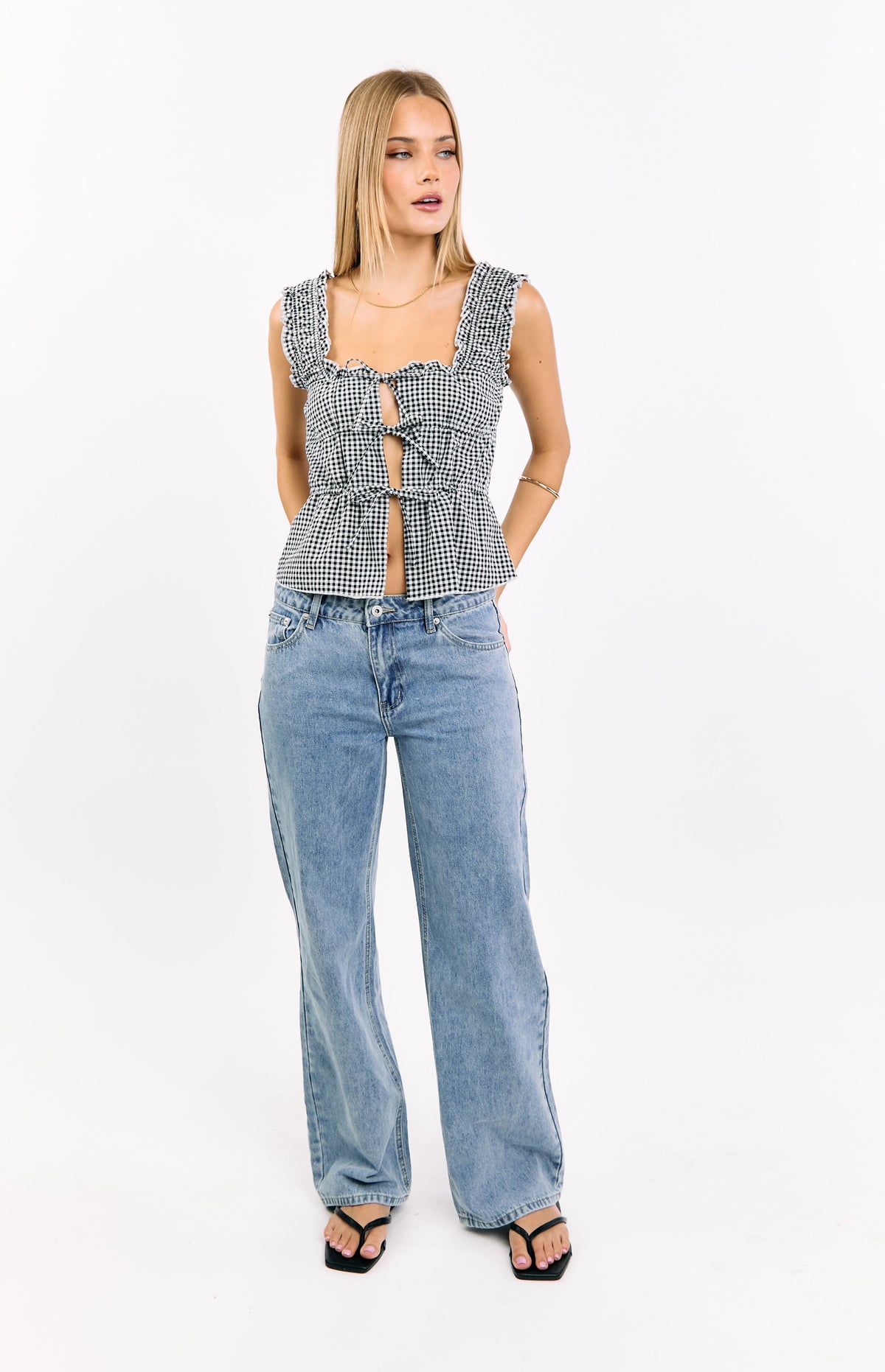 Neevie Black Gingham Tie Top — 7