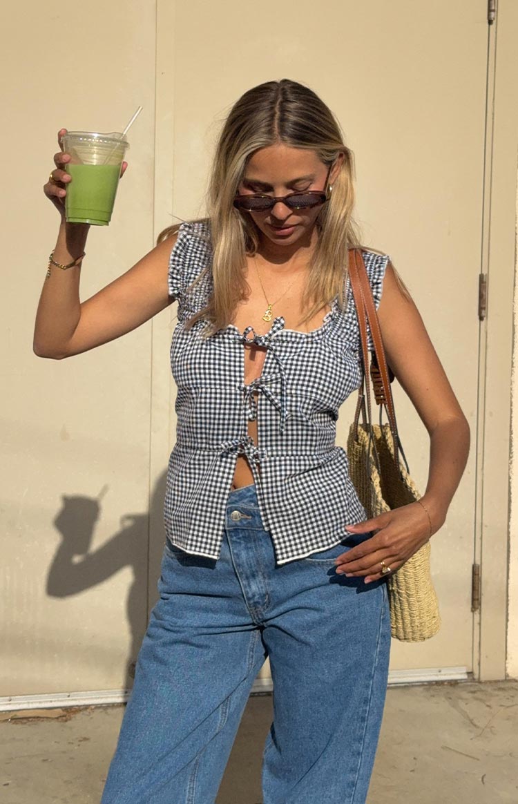 Neevie Black Gingham Tie Top — 8