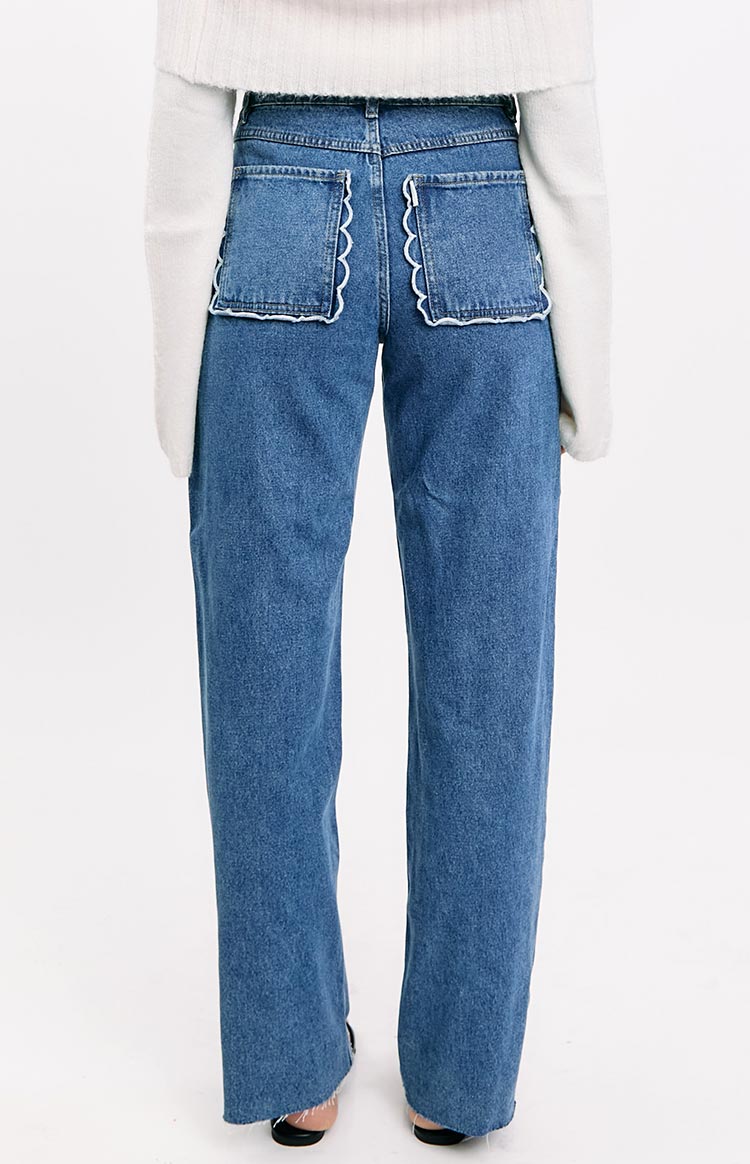 Kansis Mid Wash Scallop Pockets Uneven Waist Jeans — 2