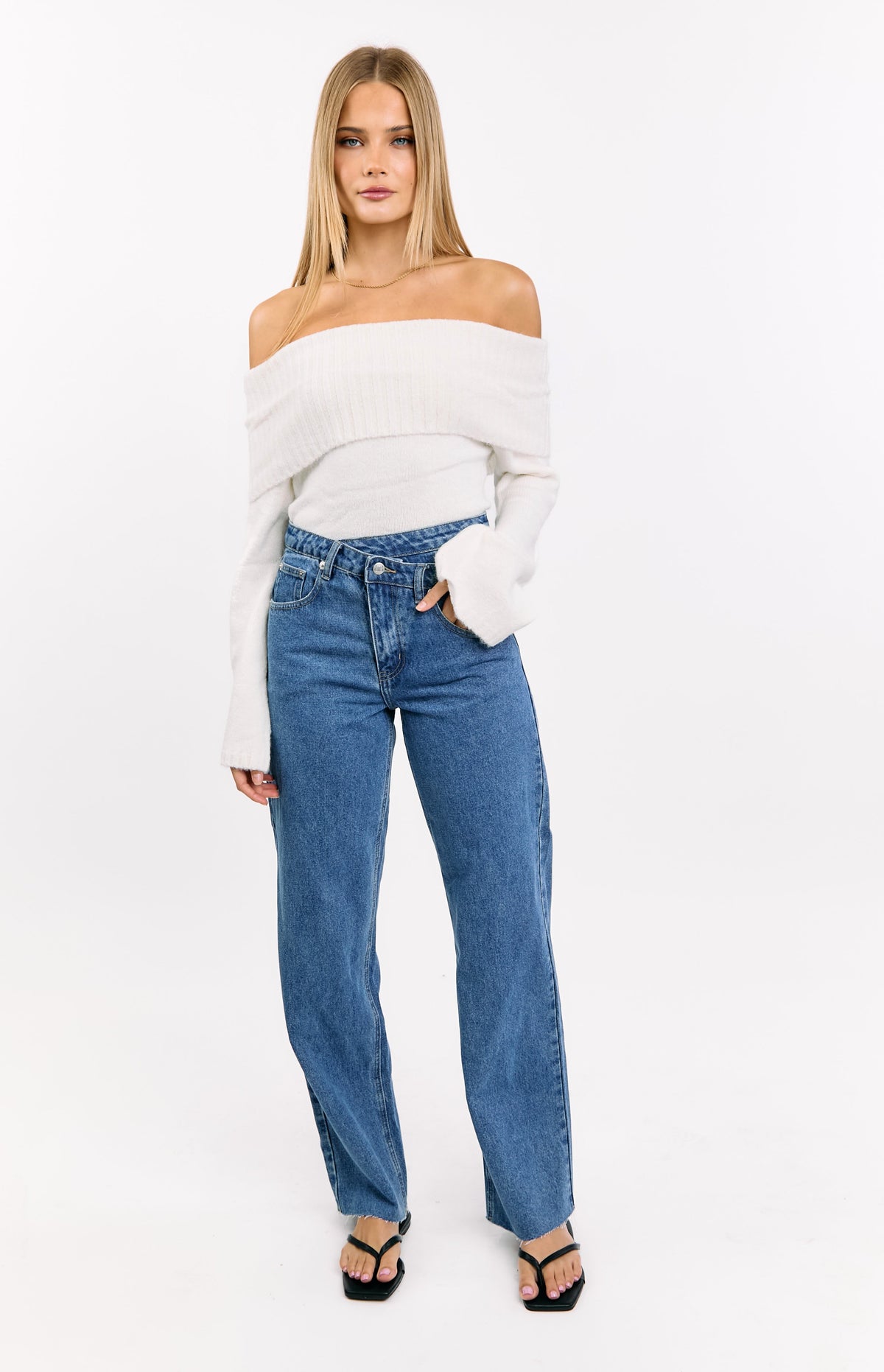 Kansis Mid Wash Scallop Pockets Uneven Waist Jeans — 6