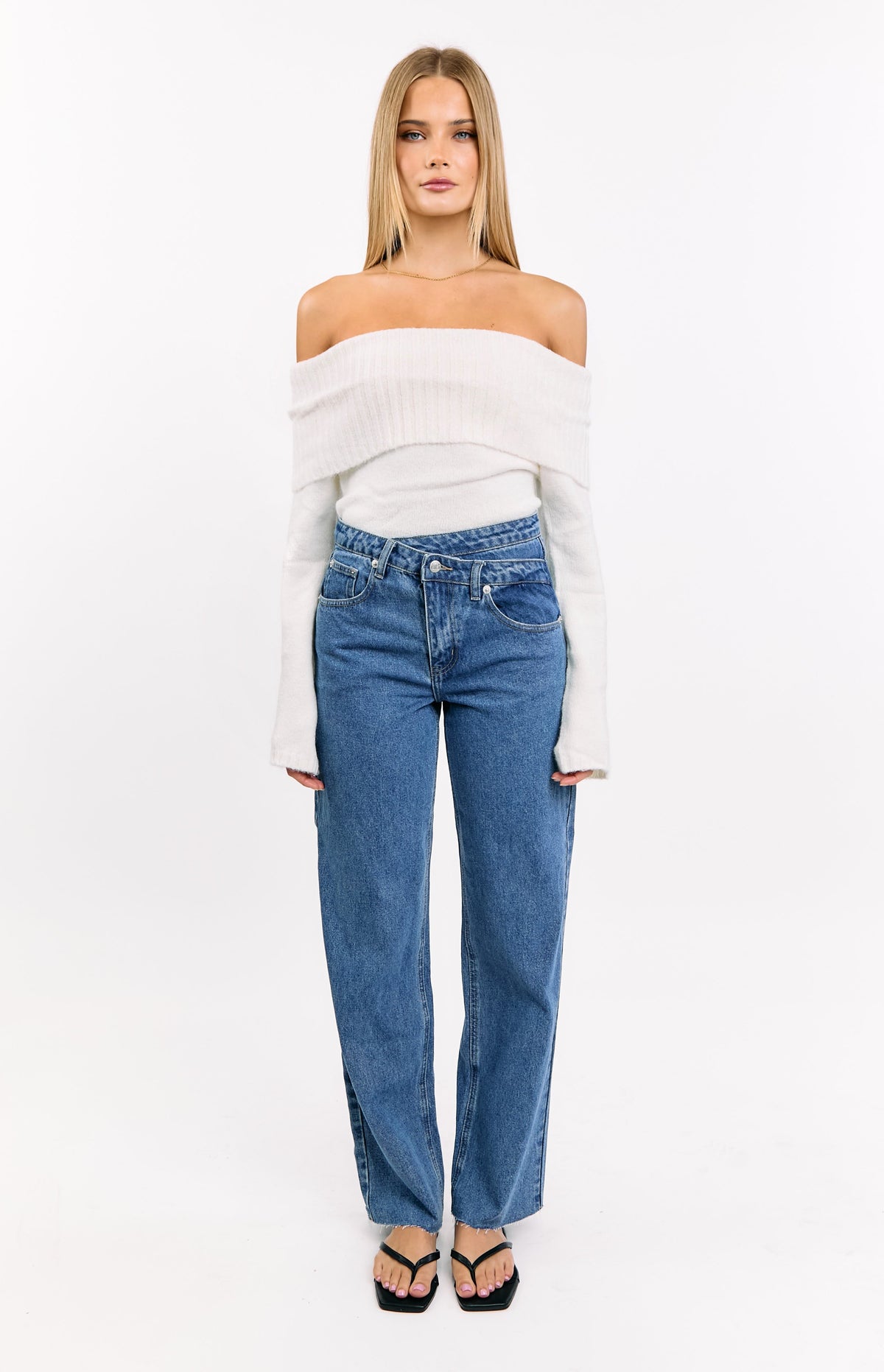 Kansis Mid Wash Scallop Pockets Uneven Waist Jeans — 7