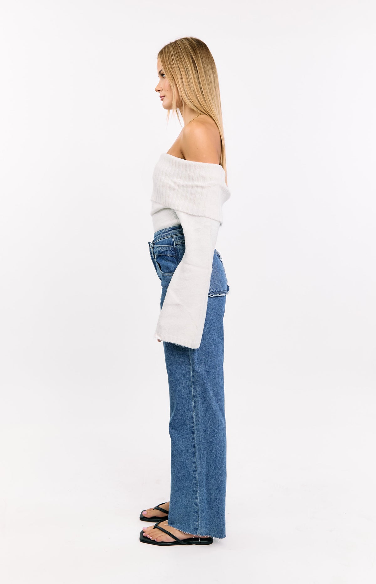 Kansis Mid Wash Scallop Pockets Uneven Waist Jeans — 8