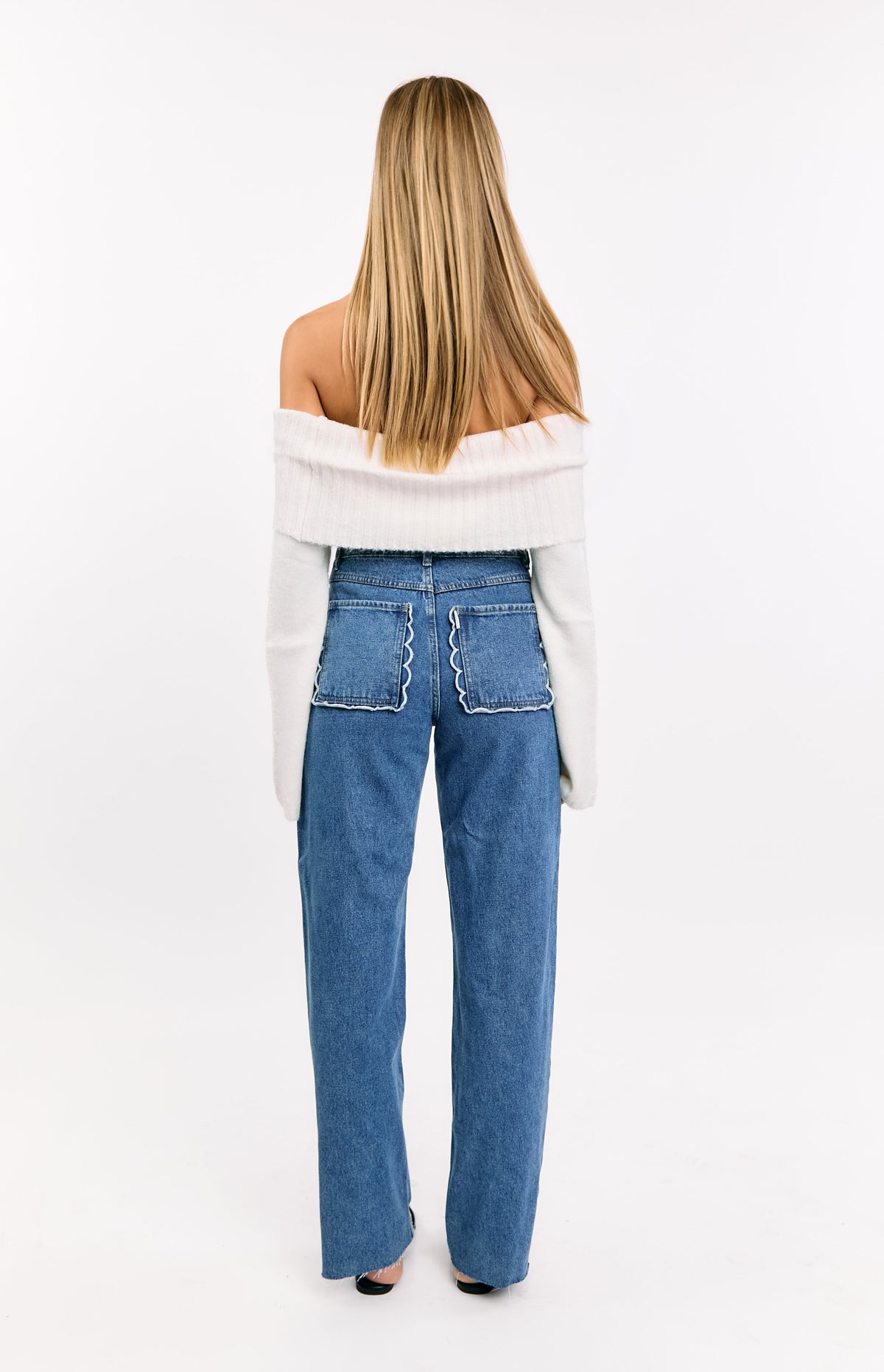 Kansis Mid Wash Scallop Pockets Uneven Waist Jeans — 9