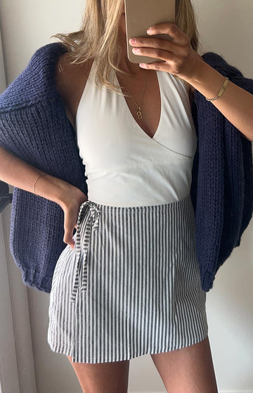 Frazer Blue Stripe Tie Side Mini Skirt — 1