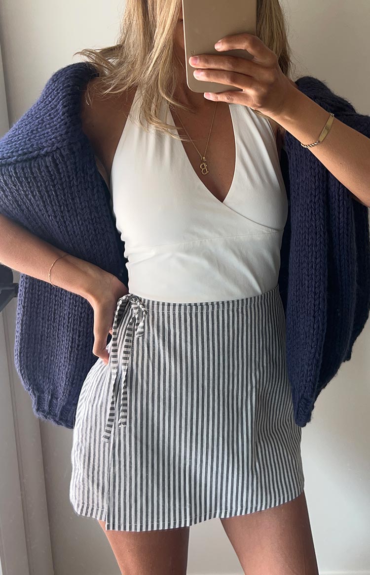 Frazer Blue Stripe Tie Side Mini Skirt — 1