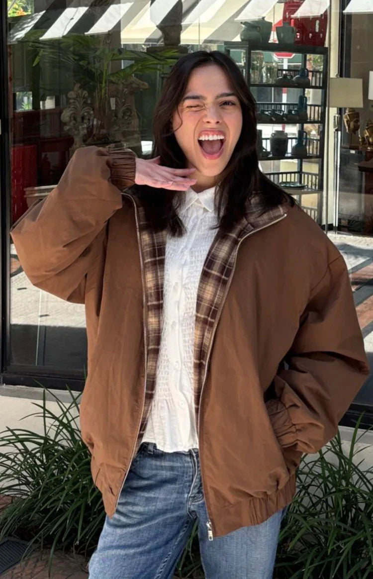 All I Wanted Brown Plaid Puffer Jacket — 1