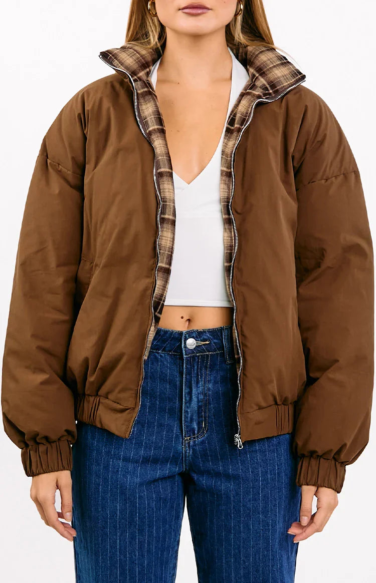All I Wanted Brown Plaid Puffer Jacket — 2