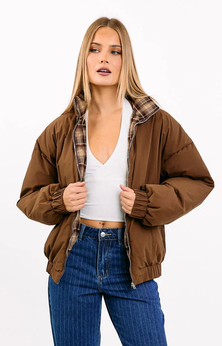 All I Wanted Brown Plaid Puffer Jacket — 5