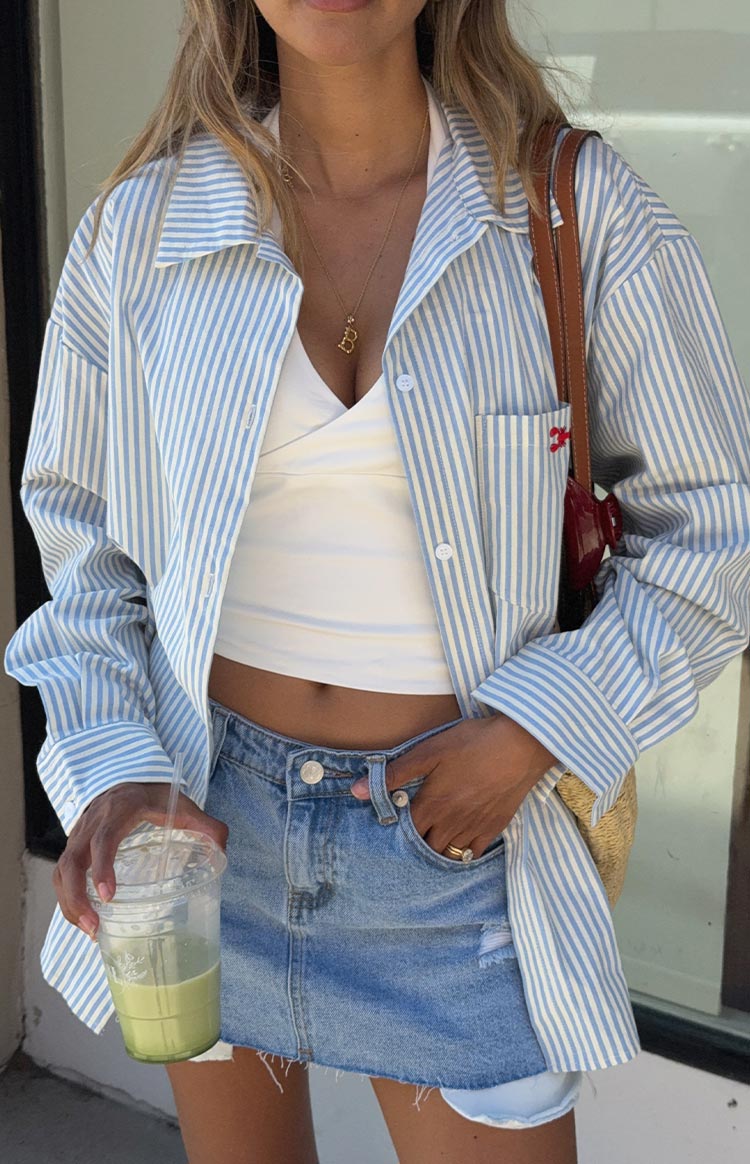 Lola Blue Stripe Embroidered Button Up Shirt — 1