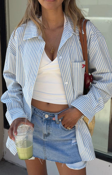 Lola Blue Stripe Embroidered Button Up Shirt — 1