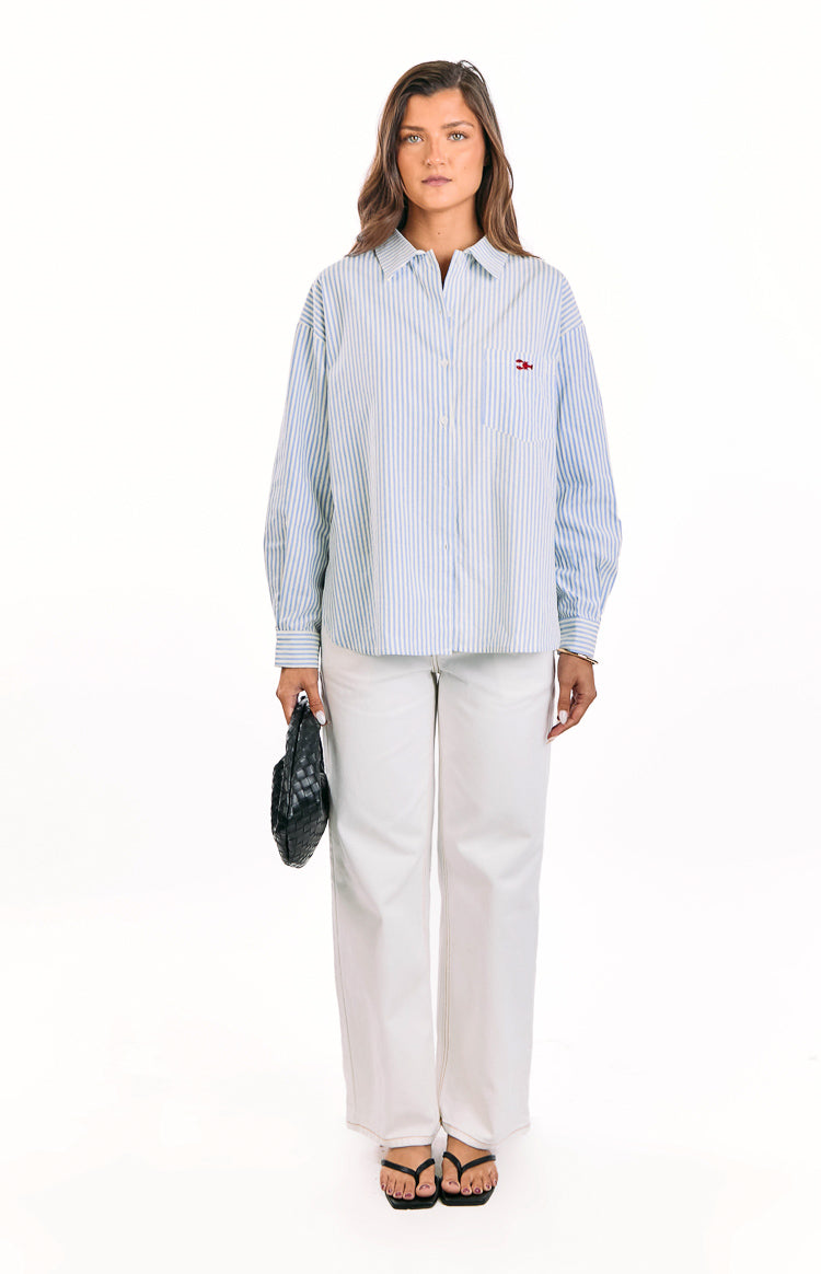 Lola Blue Stripe Embroidered Button Up Shirt — 5