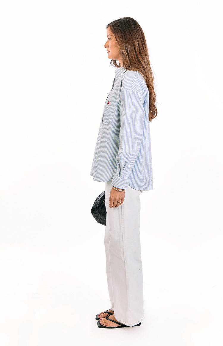 Lola Blue Stripe Embroidered Button Up Shirt — 6