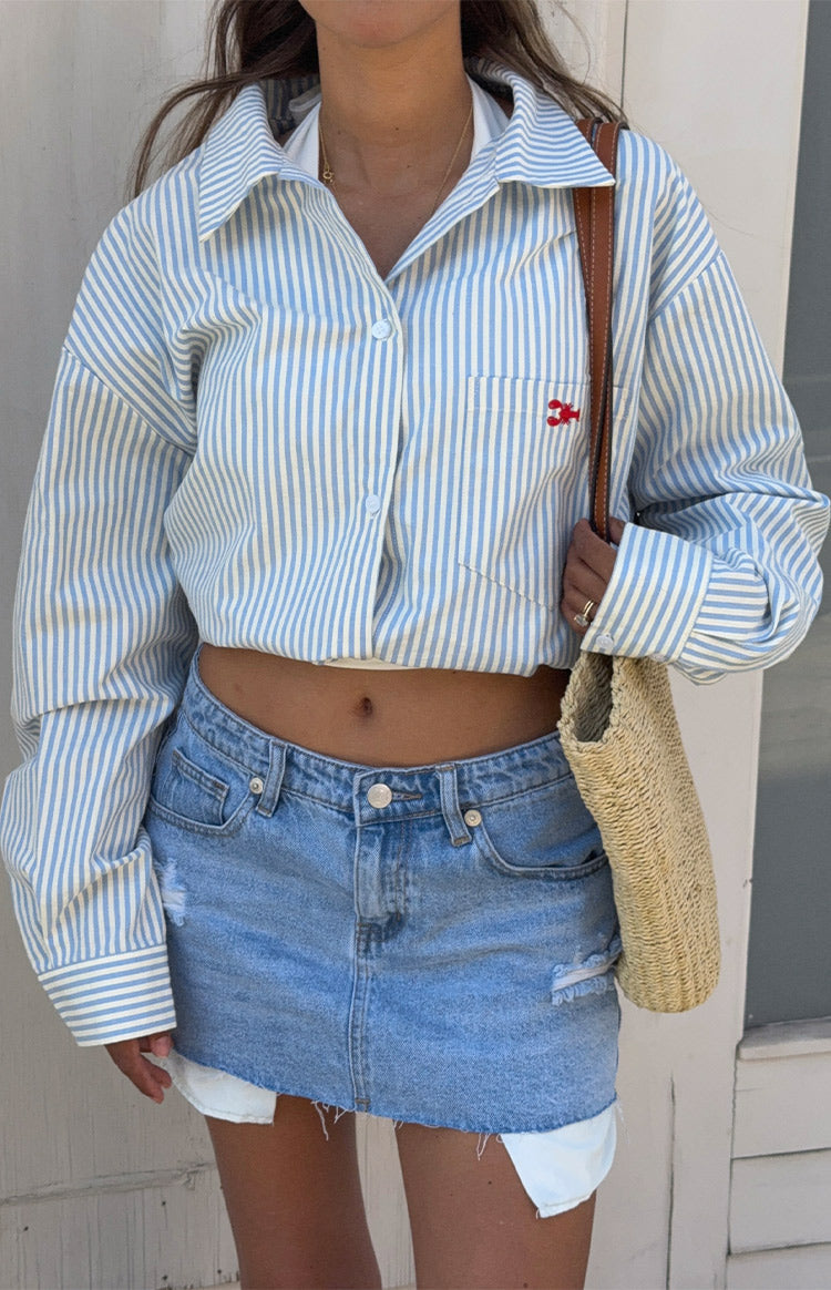 Lola Blue Stripe Embroidered Button Up Shirt — 10