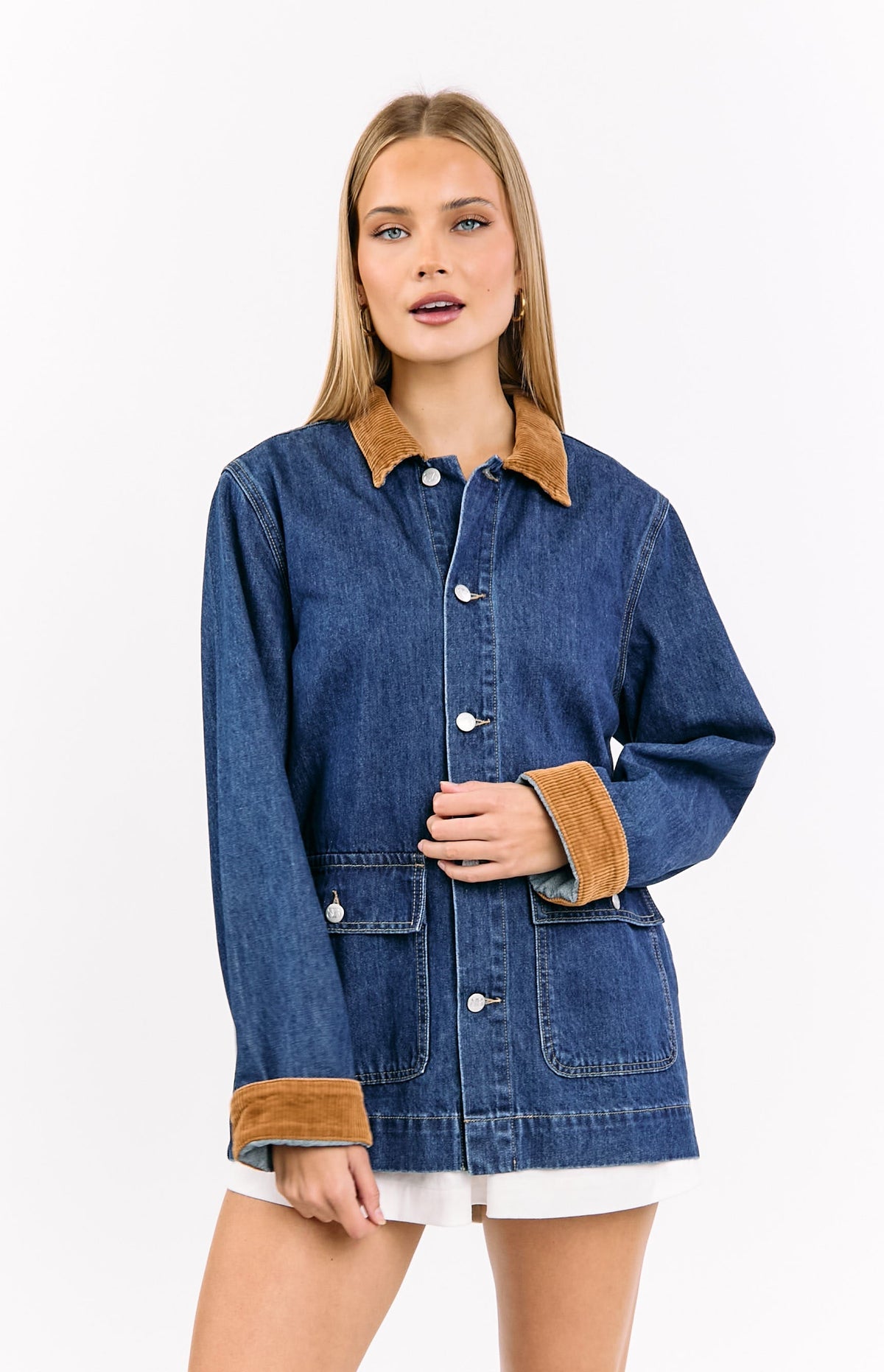 Hendrick Mid Wash Denim Cord Trim Oversized Jacket — 3