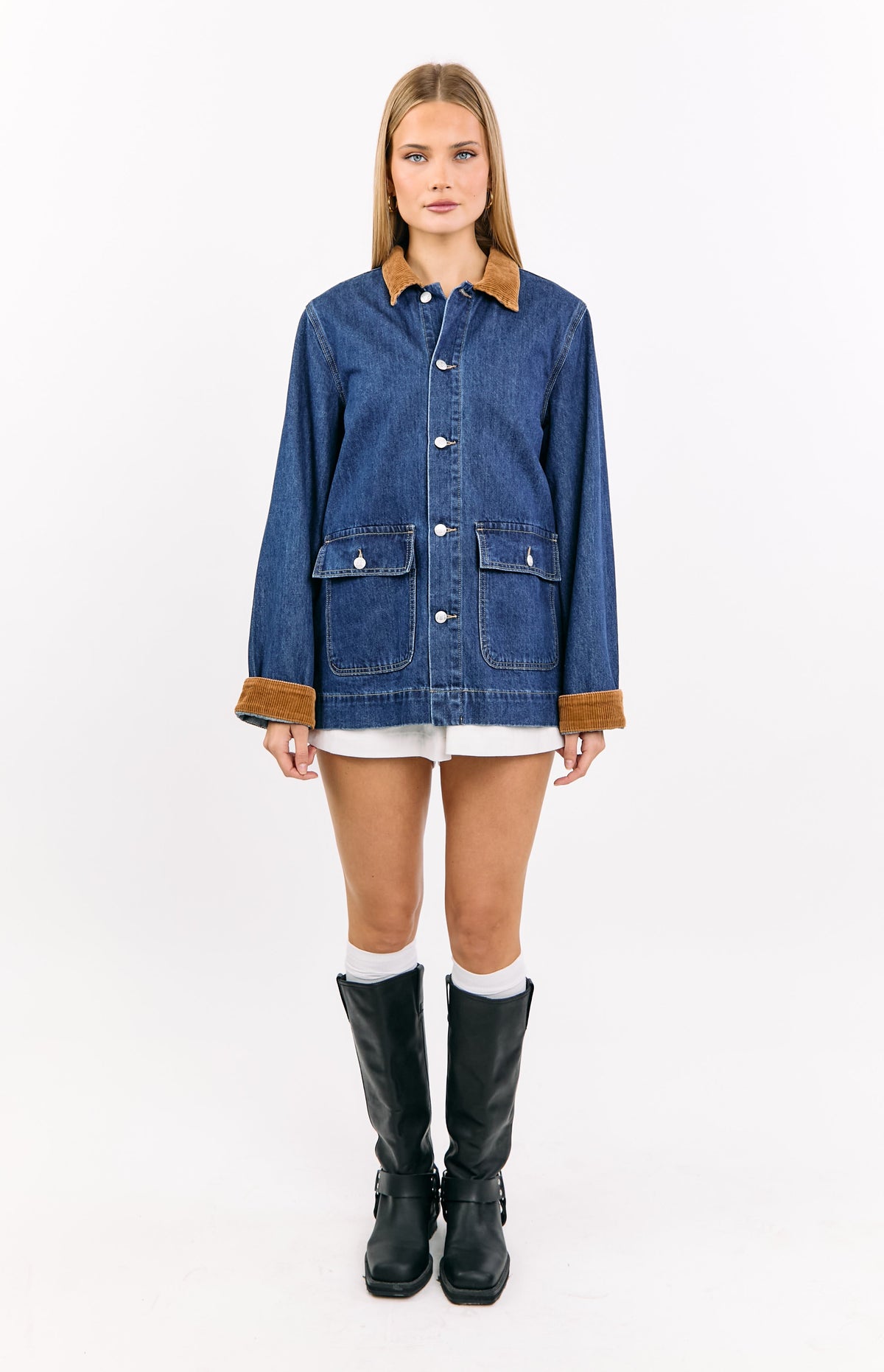 Hendrick Mid Wash Denim Cord Trim Oversized Jacket — 6
