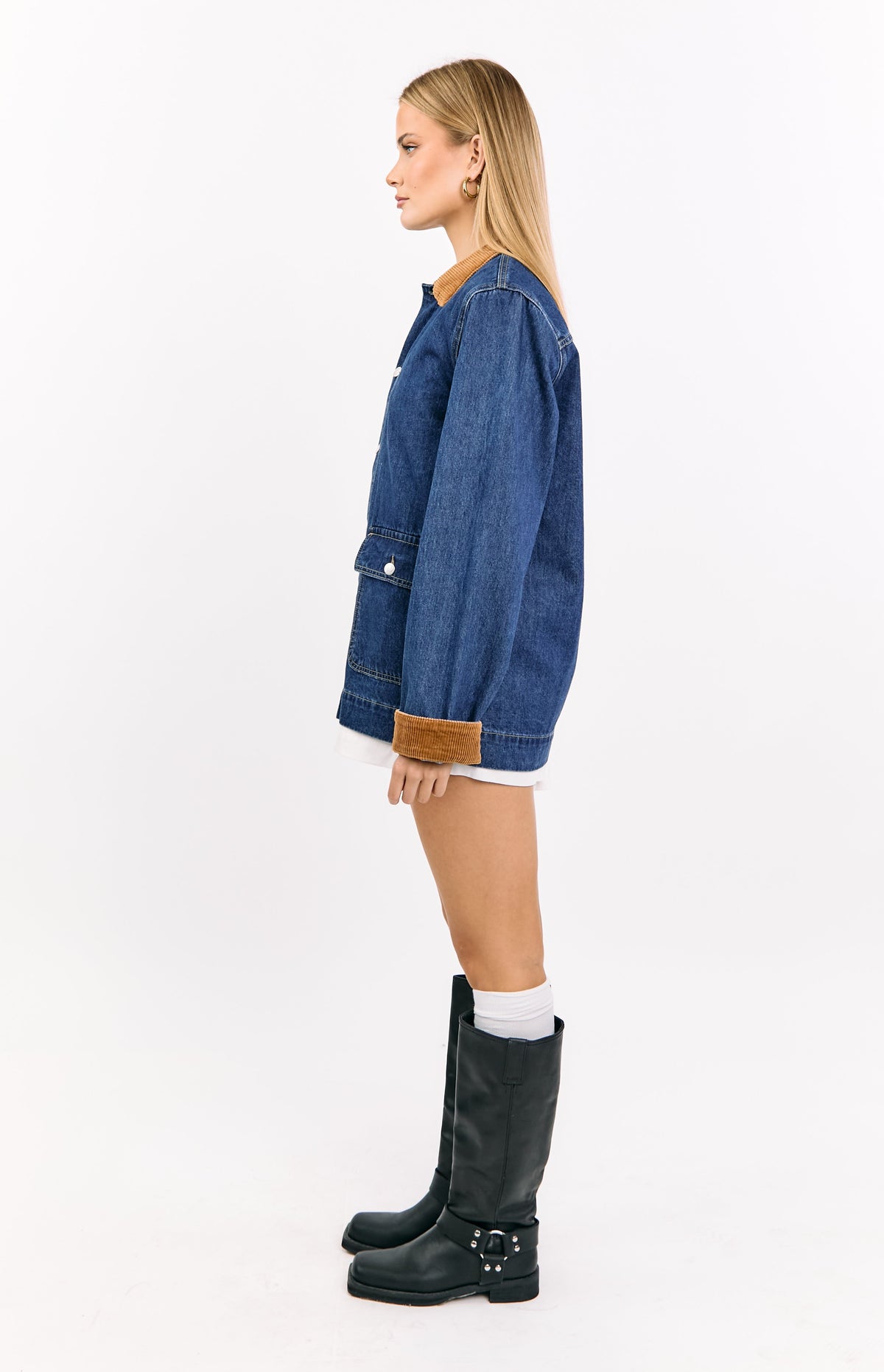 Hendrick Mid Wash Denim Cord Trim Oversized Jacket — 7