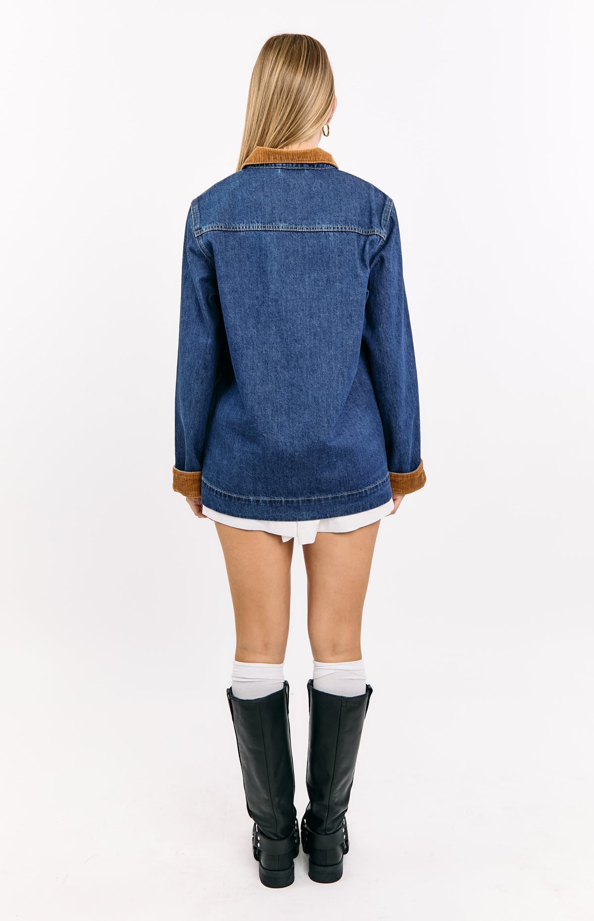 Hendrick Mid Wash Denim Cord Trim Oversized Jacket — 8