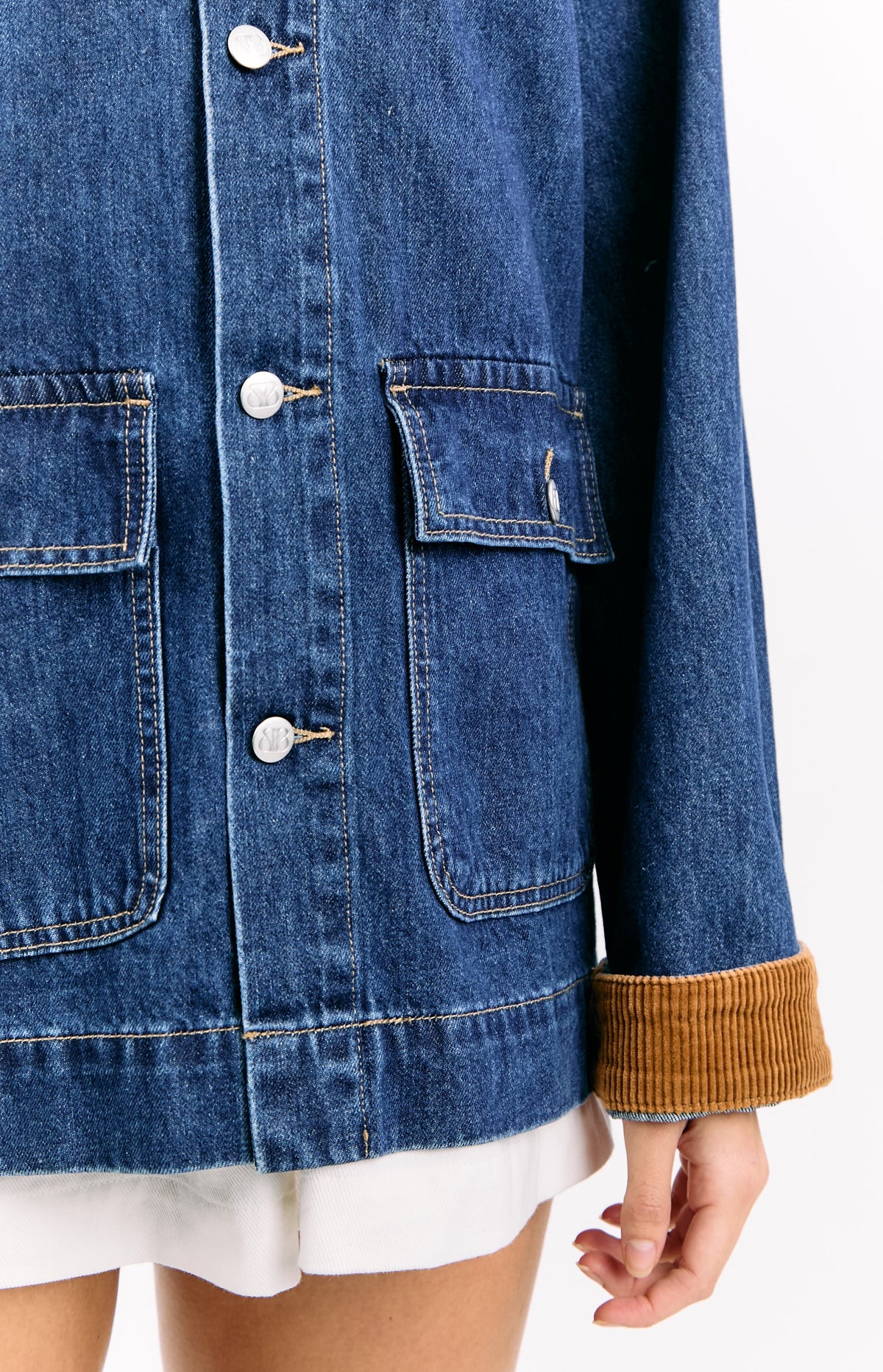 Hendrick Mid Wash Denim Cord Trim Oversized Jacket — 9