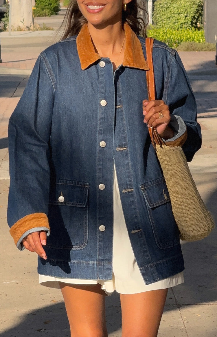 Hendrick Mid Wash Denim Cord Trim Oversized Jacket — 10