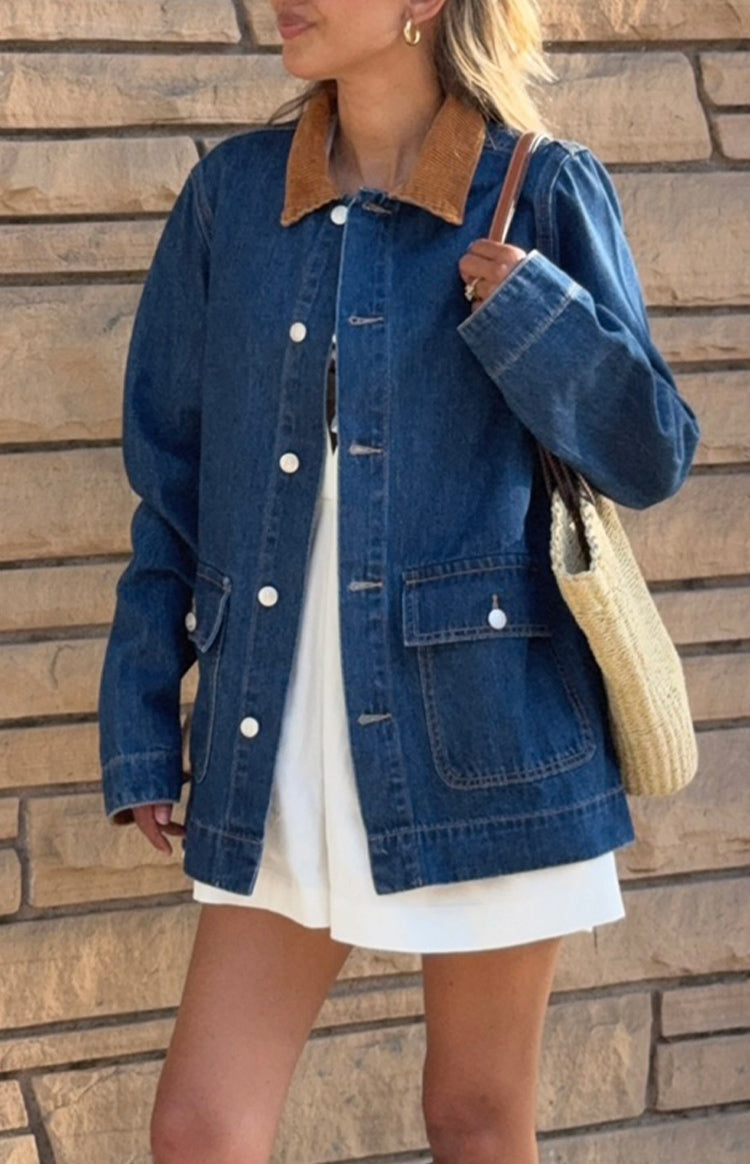 Hendrick Mid Wash Denim Cord Trim Oversized Jacket — 12