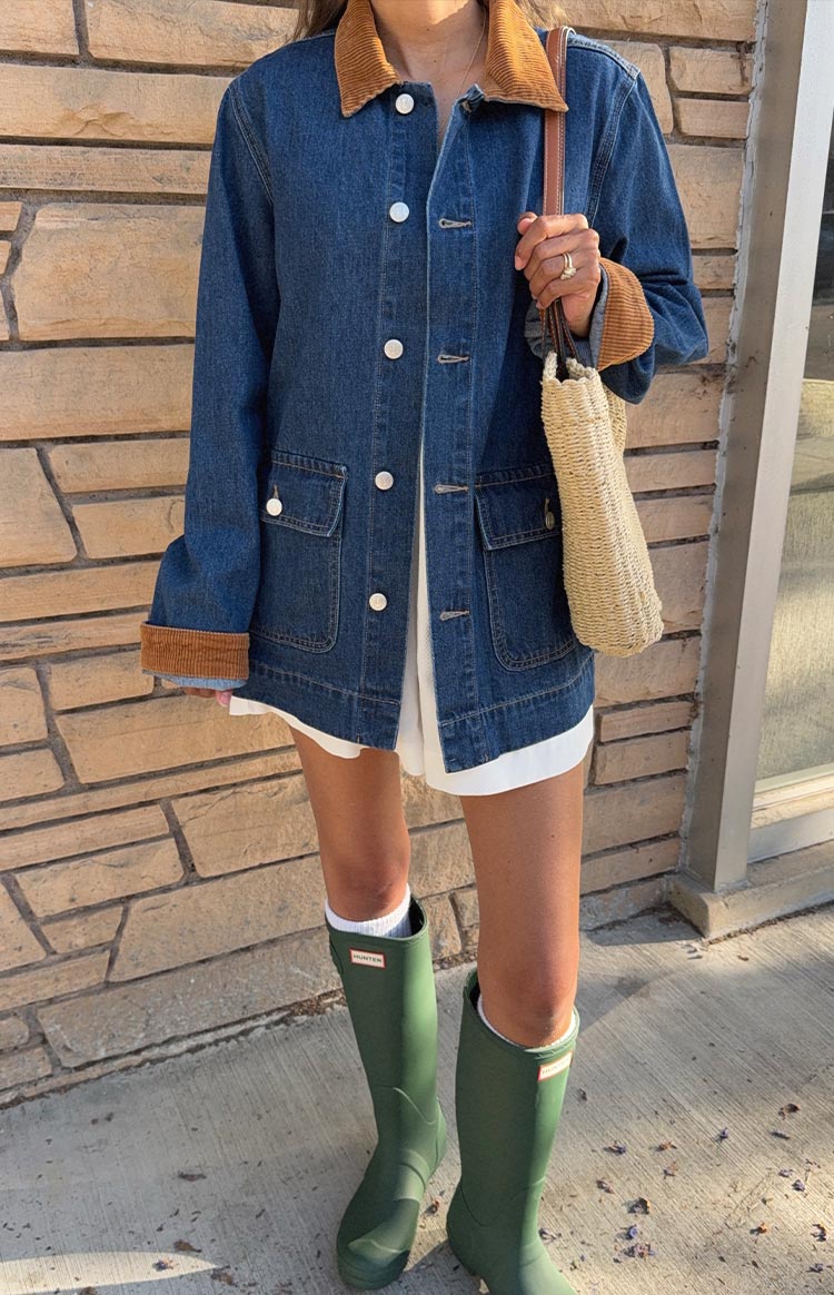 Hendrick Mid Wash Denim Cord Trim Oversized Jacket — 13