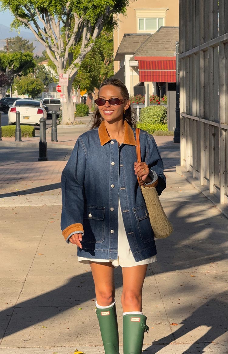 Hendrick Mid Wash Denim Cord Trim Oversized Jacket — 15