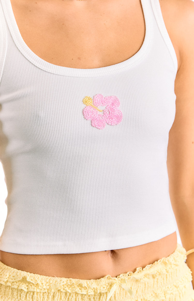 Carlie White Beaded Hibiscus Ribbed Tank Top — 11