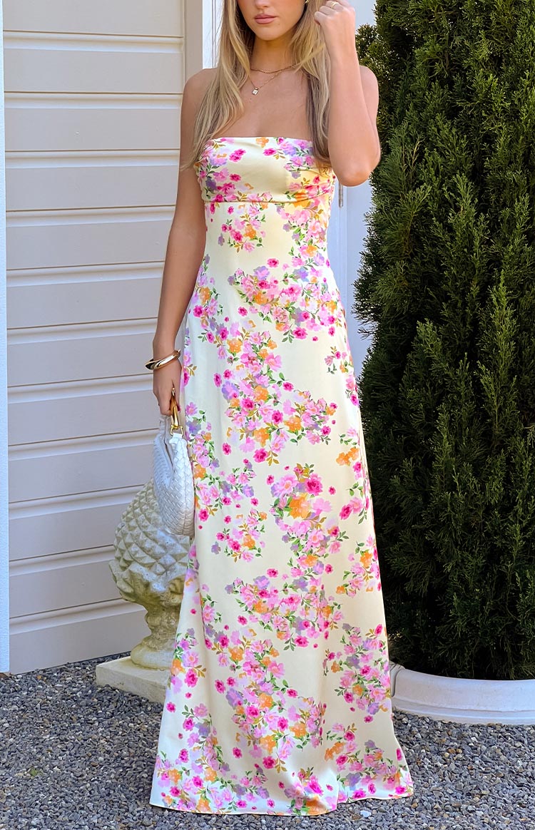 Blaise Yellow Bloom Satin Maxi Dress — 15