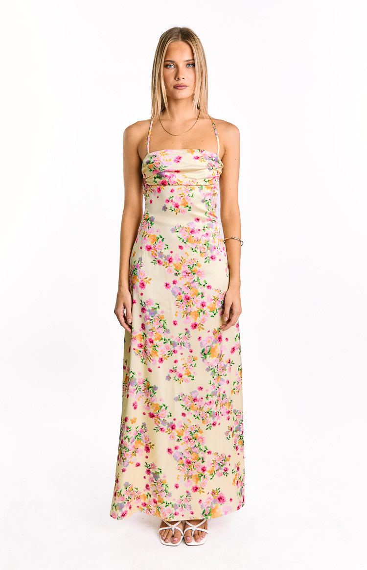 Blaise Yellow Bloom Satin Maxi Dress — 2
