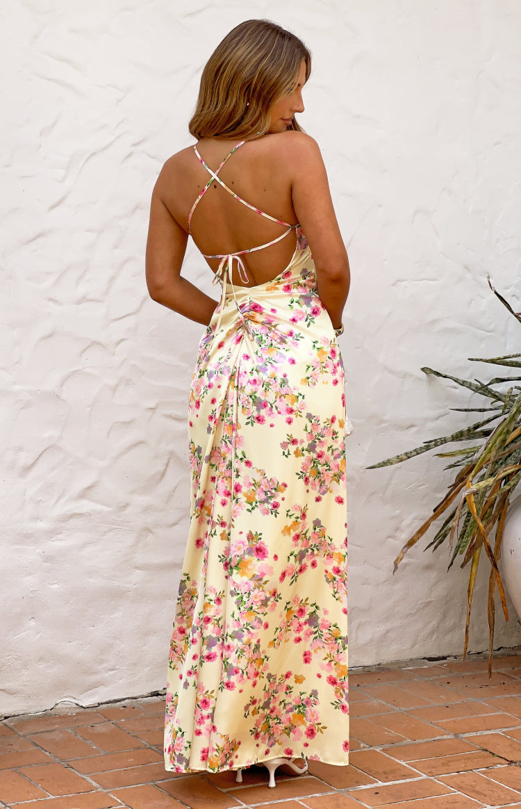 Blaise Yellow Bloom Satin Maxi Dress — 5