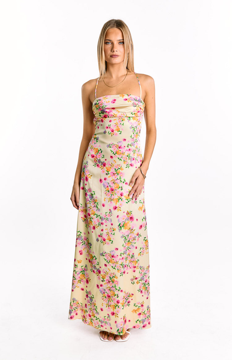 Blaise Yellow Bloom Satin Maxi Dress — 10