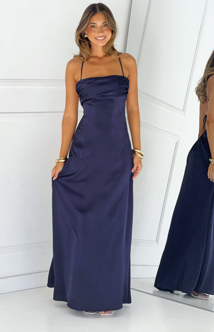 Blaise Navy Satin Maxi Dress — 3