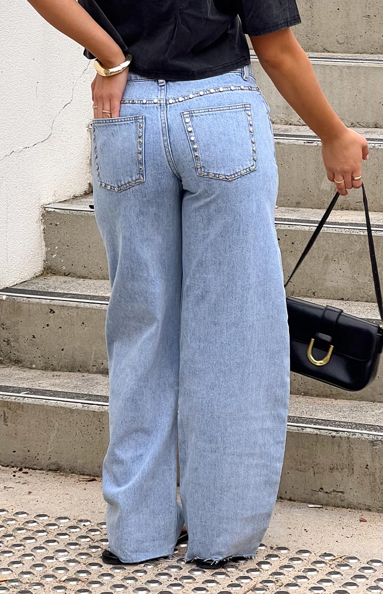 Jannina Light Wash Denim Studded Low Rise Jeans — 8