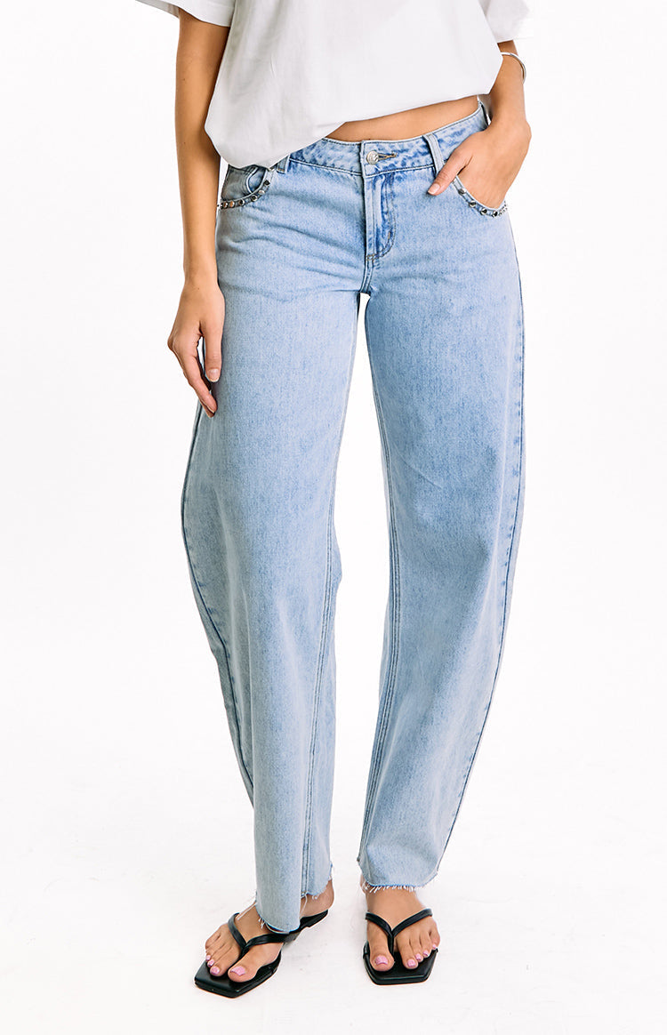 Jannina Light Wash Denim Studded Low Rise Jeans — 1