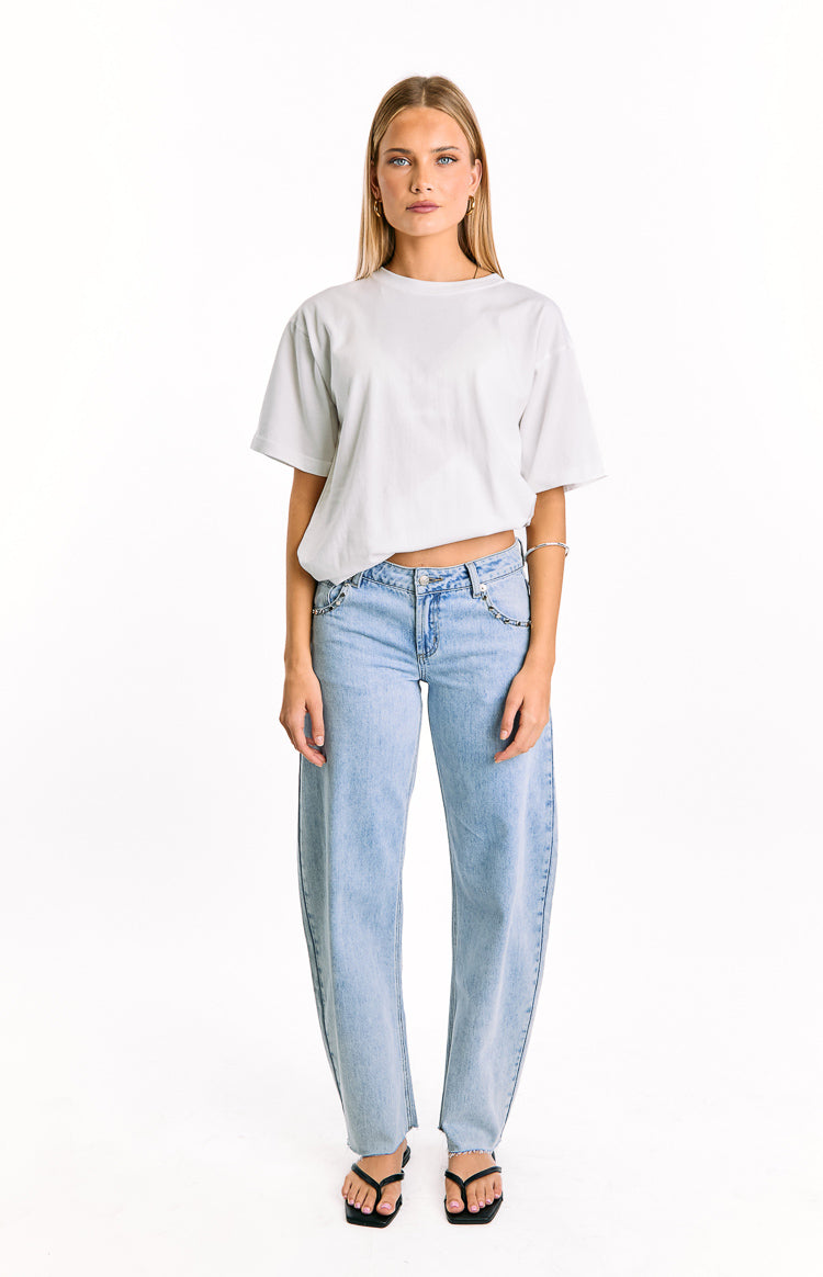 Jannina Light Wash Denim Studded Low Rise Jeans — 4