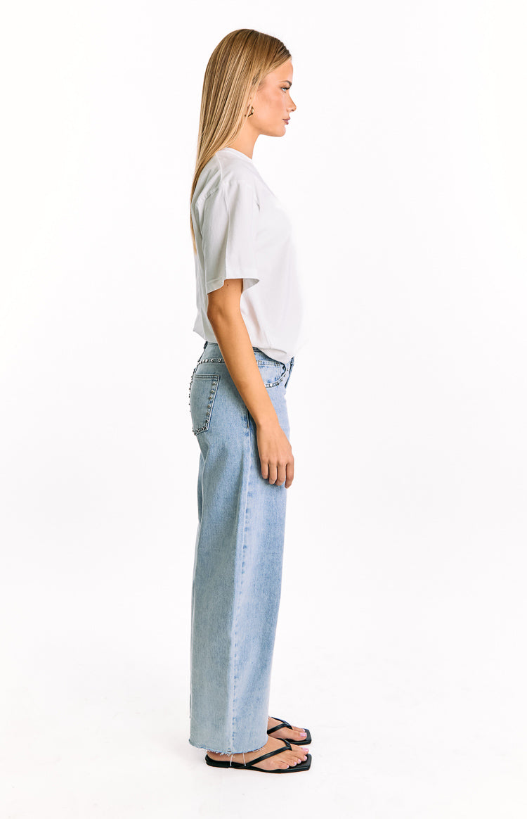 Jannina Light Wash Denim Studded Low Rise Jeans — 5