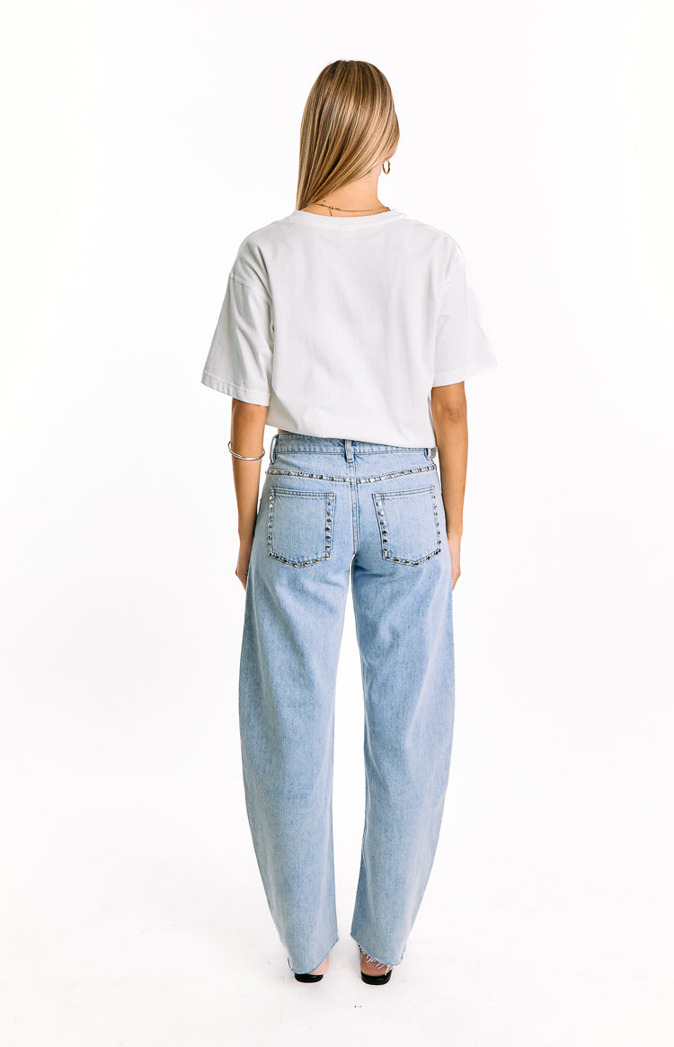 Jannina Light Wash Denim Studded Low Rise Jeans — 6