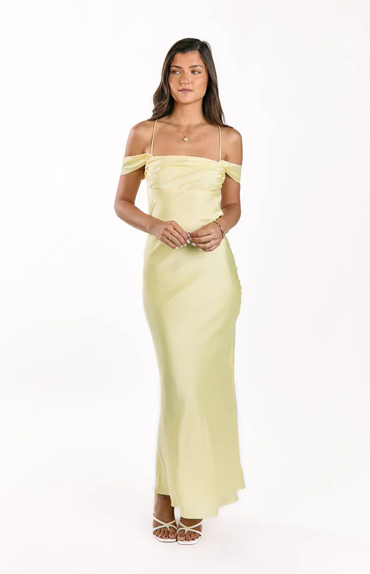 Danni Light Yellow Tie Off Shoulder Formal Maxi Dress — 2