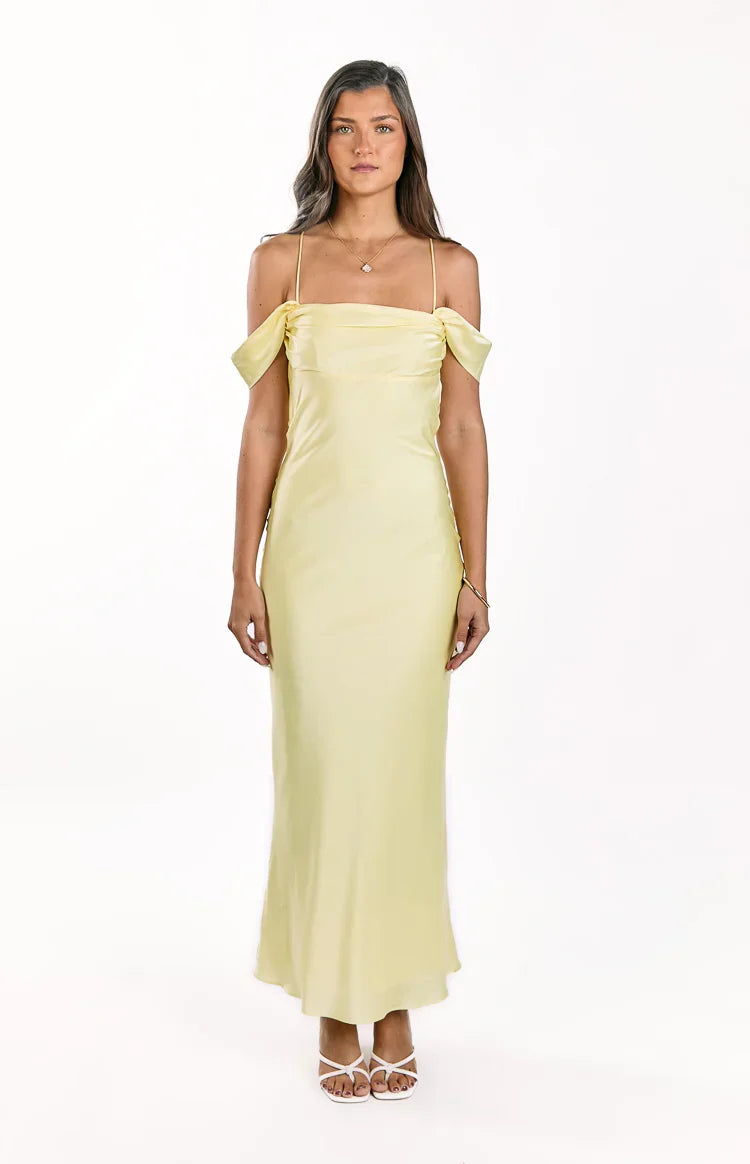 Danni Light Yellow Tie Off Shoulder Formal Maxi Dress — 3