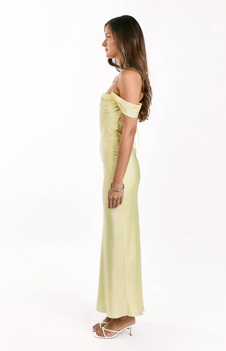 Danni Light Yellow Tie Off Shoulder Formal Maxi Dress — 4