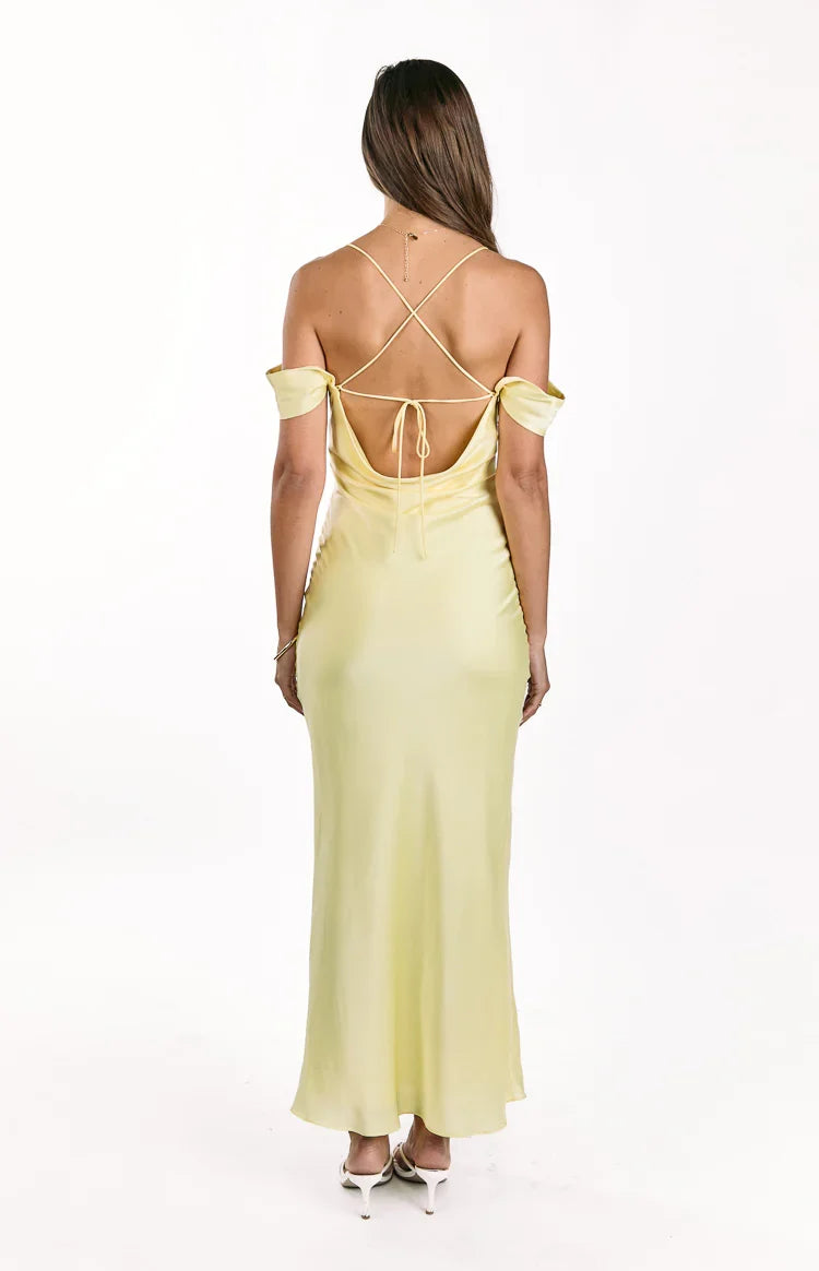 Danni Light Yellow Tie Off Shoulder Formal Maxi Dress — 5