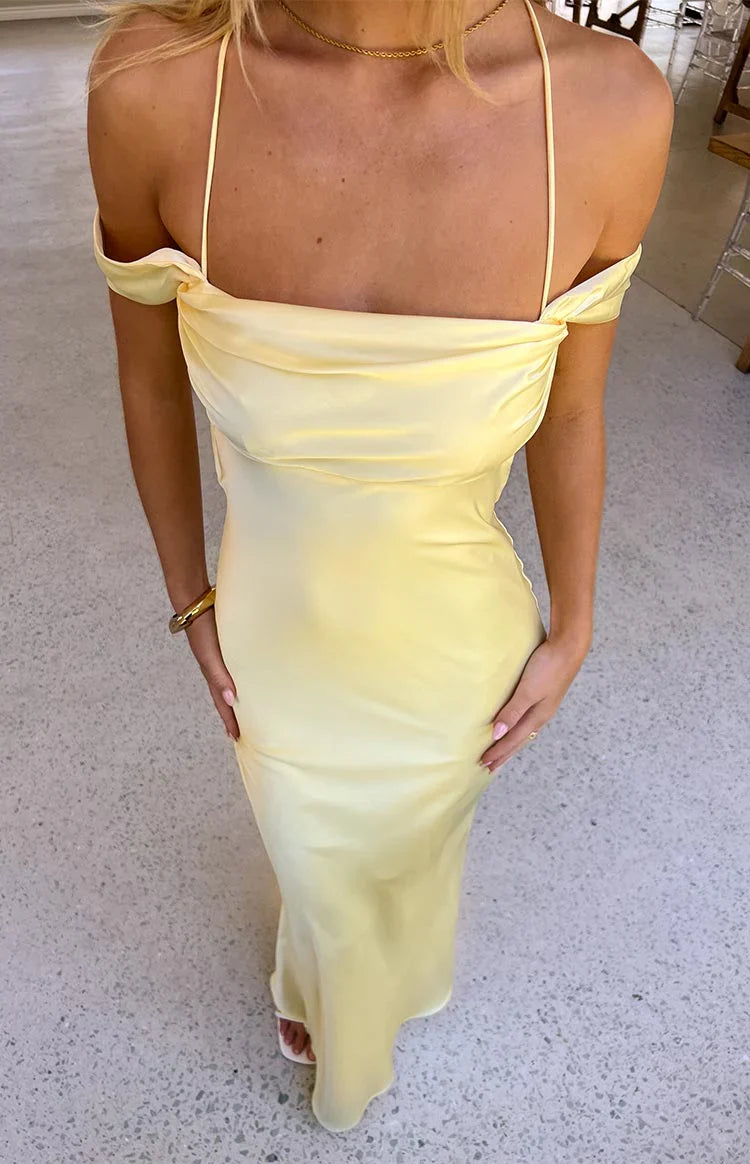 Danni Light Yellow Tie Off Shoulder Formal Maxi Dress — 8