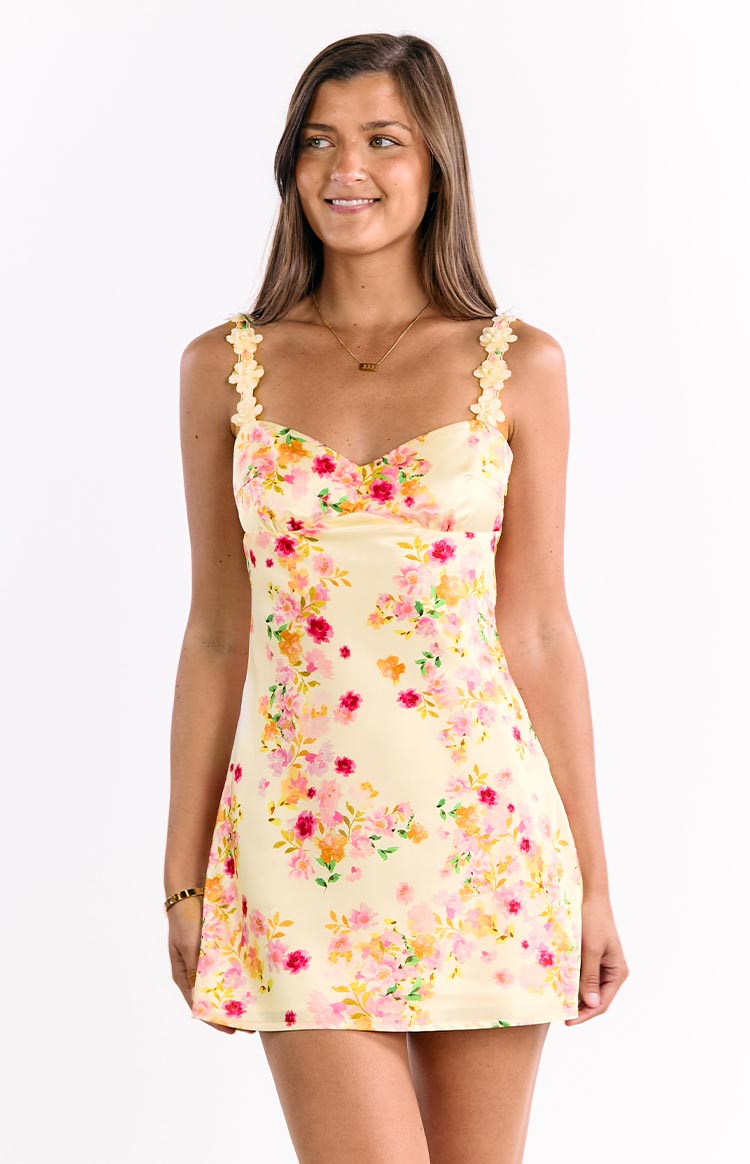 Marbelle Yellow Bloom Satin Mini Dress — 2