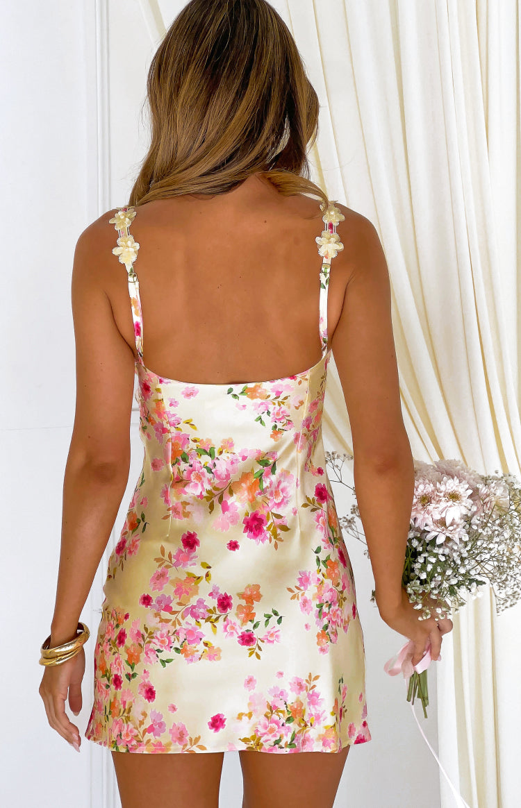 Marbelle Yellow Bloom Satin Mini Dress — 5