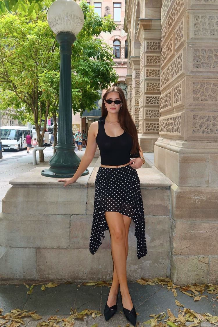 Khalea Black Polka Dot Hanky Hem Midi Skirt — 9