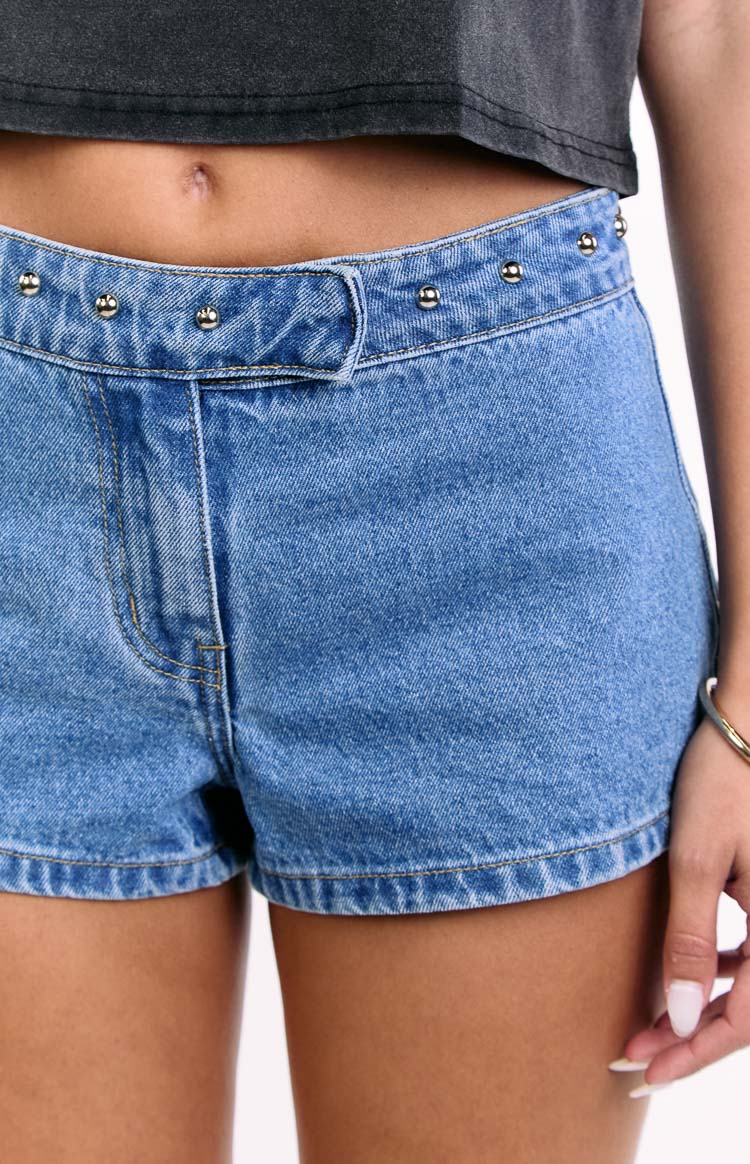 Mollie Mid Wash Denim Low Rise Stud Denim Shorts — 9