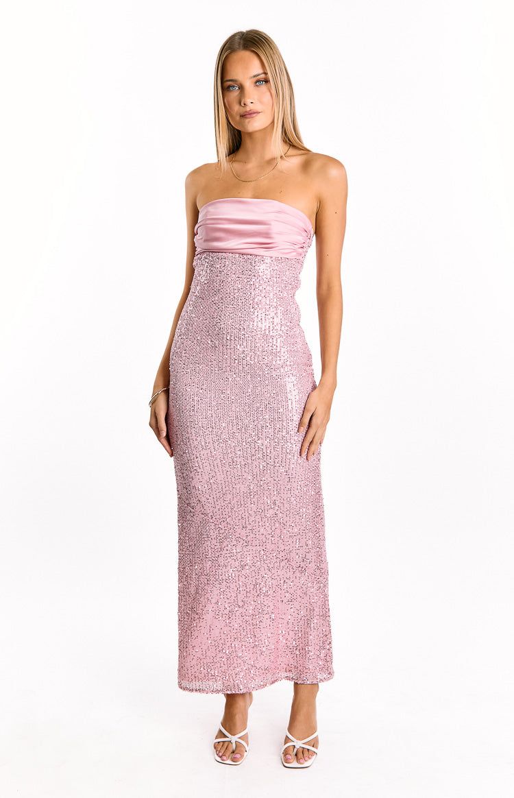 Alliana Pink Sequin Strapless Formal Maxi Dress — 1