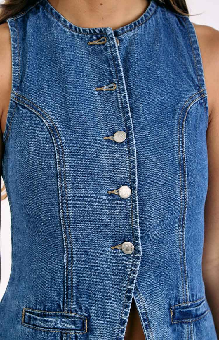 Dawson Mid Wash Denim Button Down Vest Top — 8