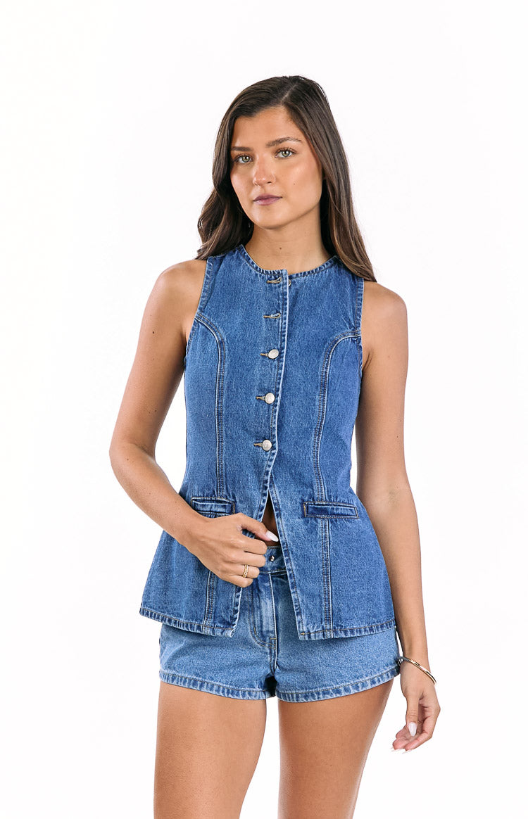 Dawson Mid Wash Denim Button Down Vest Top — 2